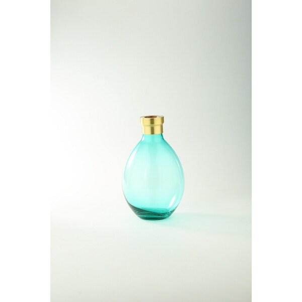 10" Aqua Blue and Gold Hand Blown Glass Tabletop Vase - N/A