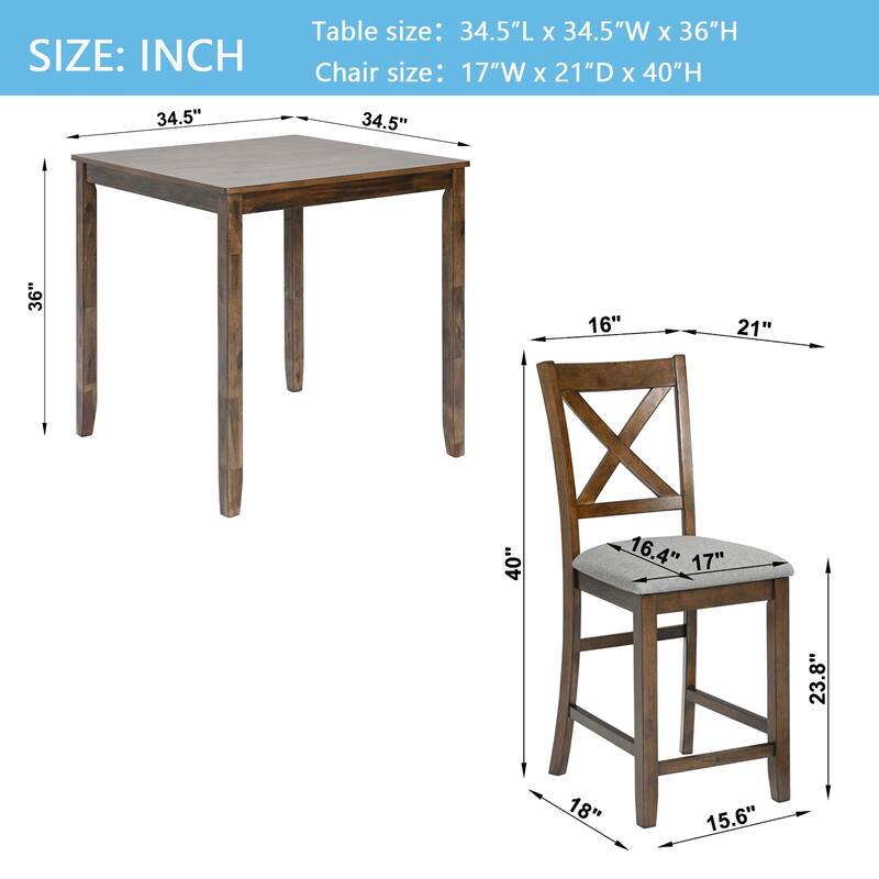 5 Piece Dining Table Set, Wooden Counter Height Kitchen Table Set with 1 Square Table and 4 Upholstered Chairs