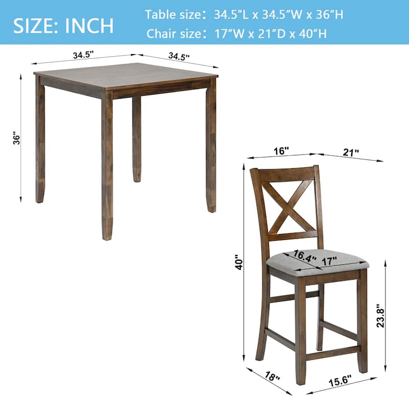 5 Piece Counter Height Table Set, Wooden Kitchen Table Set with Square Table and 4 Upholstered Chairs