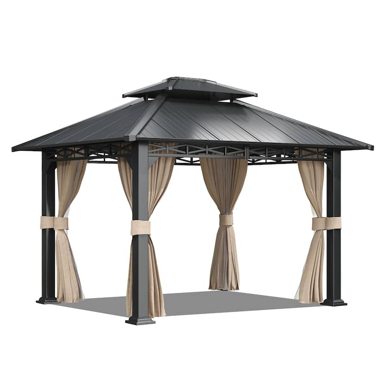 EROMMY Anti-Rust Coating Iron Hardtop Sun Shade Shelter Outdoor Canopy & Pergolas w/Curtains and Netting