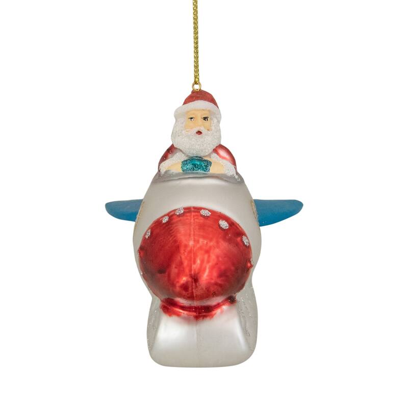 Santa in a Rocket Ship Glass Christmas Ornament - 4.25" - Silver