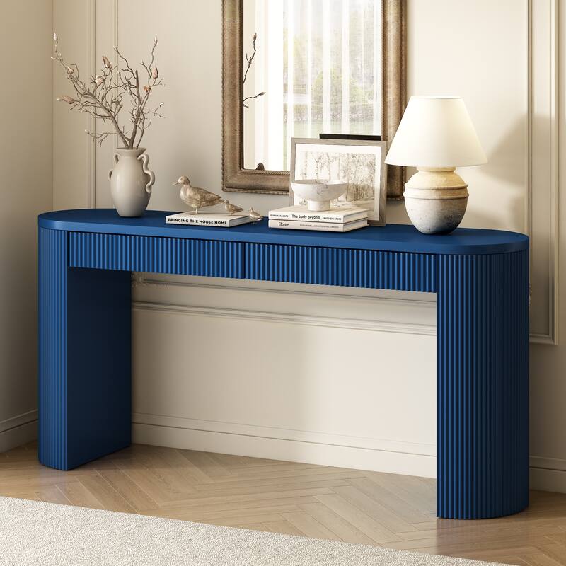 Vintage Pine Veneer Console Table with Vertical Striped Design, 58.2 Inch Entryway Table Living Room Sofa Table with 2 Drawers