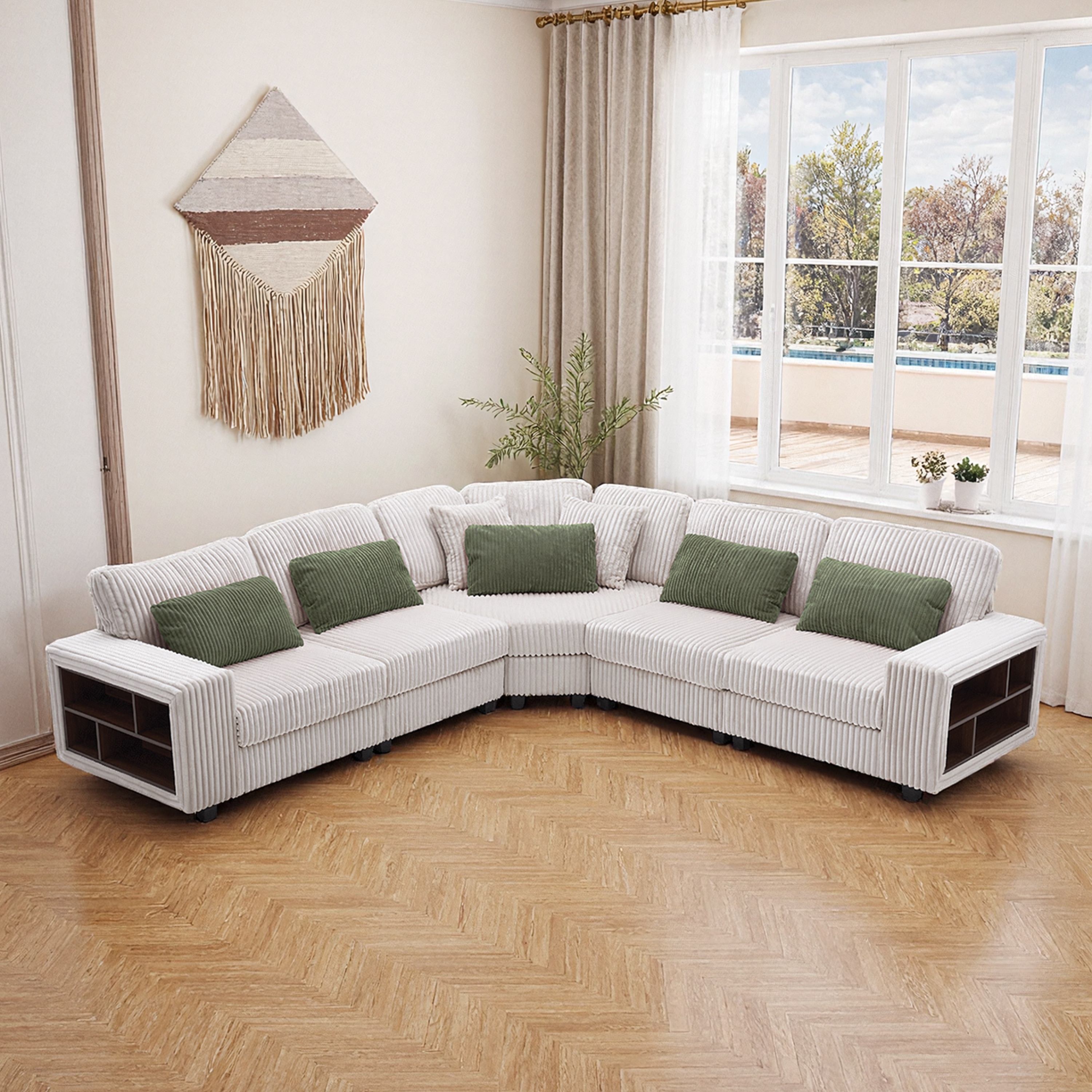 142" Curved Modular Sofa with Storage Armrest - Plush Corduroy Fabric, Sleeper Function & 6 Pillows