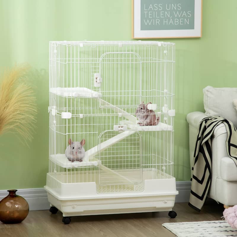 White Multi-Level Bunny Hutch with Top and Front Doors Safe Wire Bars Removable Tray Wheels - 32"L x 20.75"W x 43.25"H