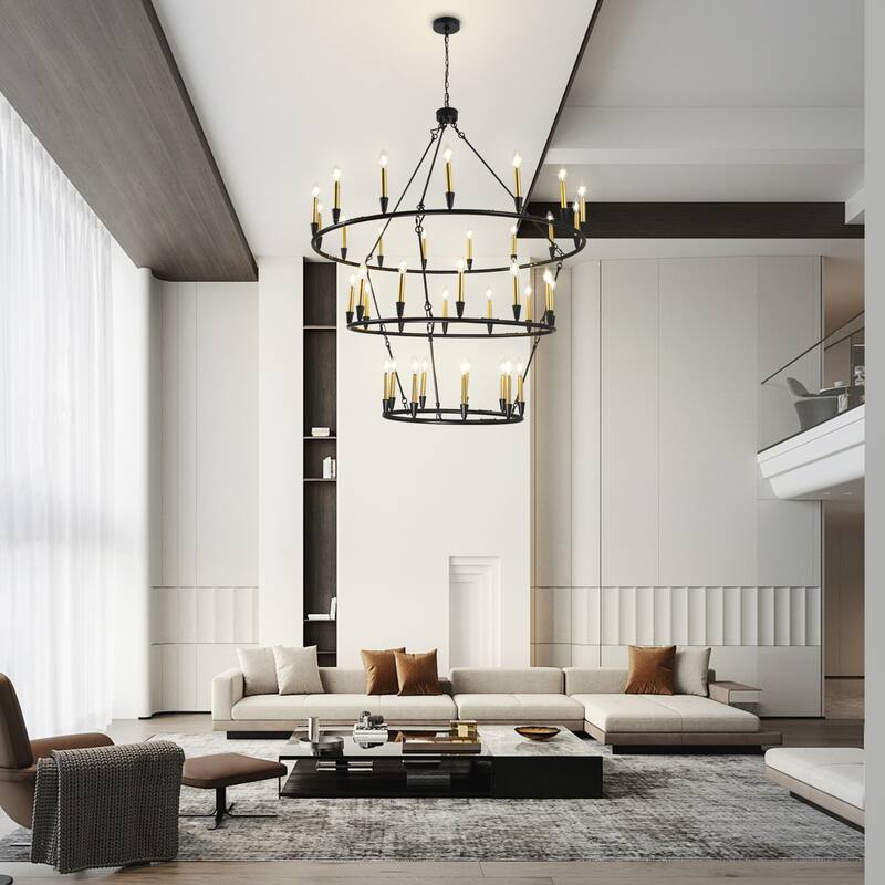 3Tier Wagon Wheel Chandelier Extra Large Chandeliers for High Ceilings - 36-Light