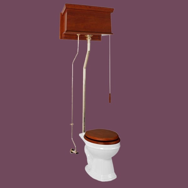 Mahogany High Tank Pull Chain Toilet White Round Brass