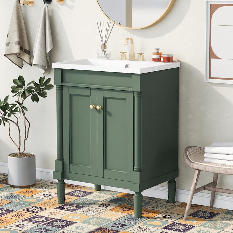 2-Tier Modern Bathroom Vanity with Top Sink and Large Storage Shelves - Green