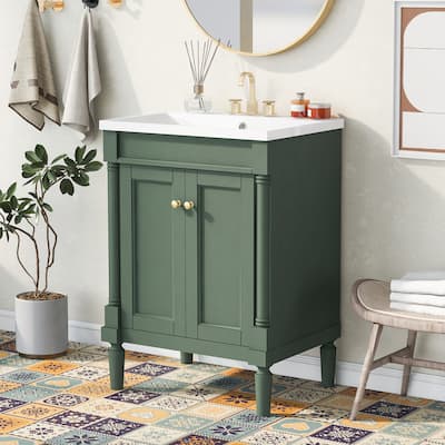 24'' Bathroom Vanity with Top Sink, 2-Tier Bathroom Storage Cabinet, Single Sink Bathroom Vanity, Large Storage Shelves