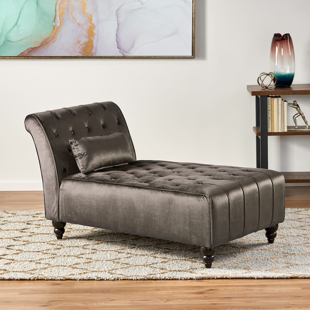 Roomfitters Tufted Velvet Chaise Lounge with Bolster Pillow, Elegant Relaxing Accent Seating