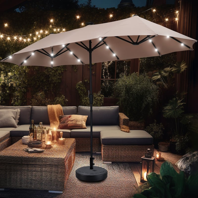 Ainfox 13ft Double-sided Patio Umbrella Solar LED Lighted Outdoor Martet Umbrella with Base