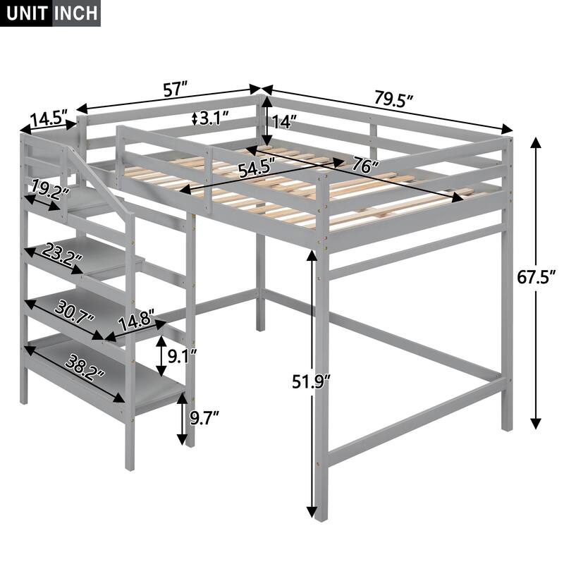 Full Size Loft Bed with Shelves Stairs and Hanger, Wooden Loftbed Frame for Bedroom Sturdy Wood Loft Full Size Frame Bed