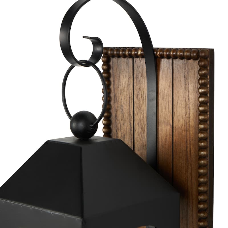 Metal Suspended Arched Cutout Wall Sconce with Brown Wood Backing and Beaded Edge - Black - Roche River Decor