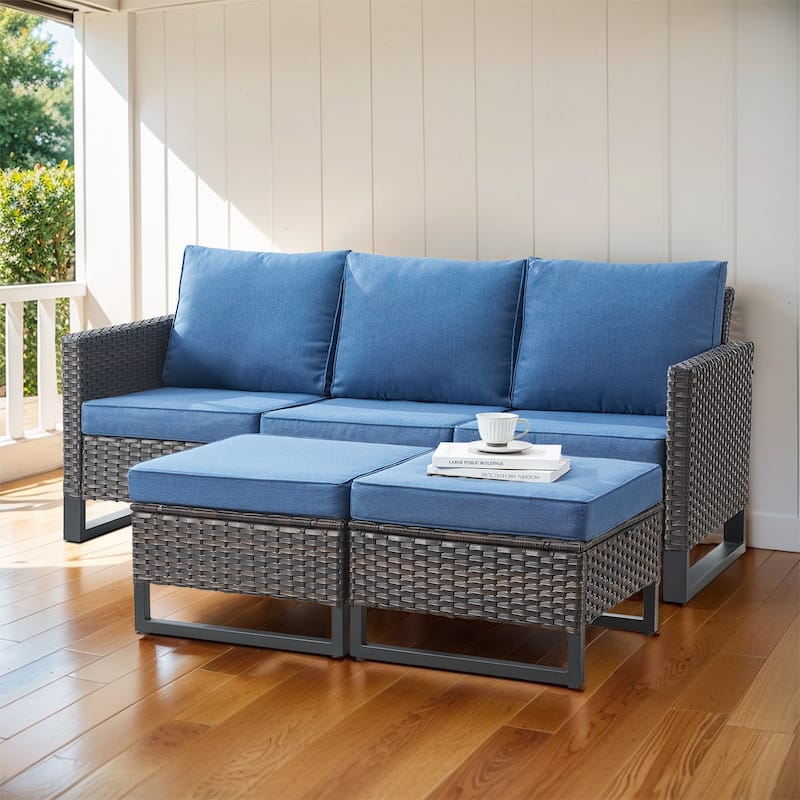 Pocassy Outdoor 3-Seat Sofa Ottomans Set of 3 - Brown - Blue