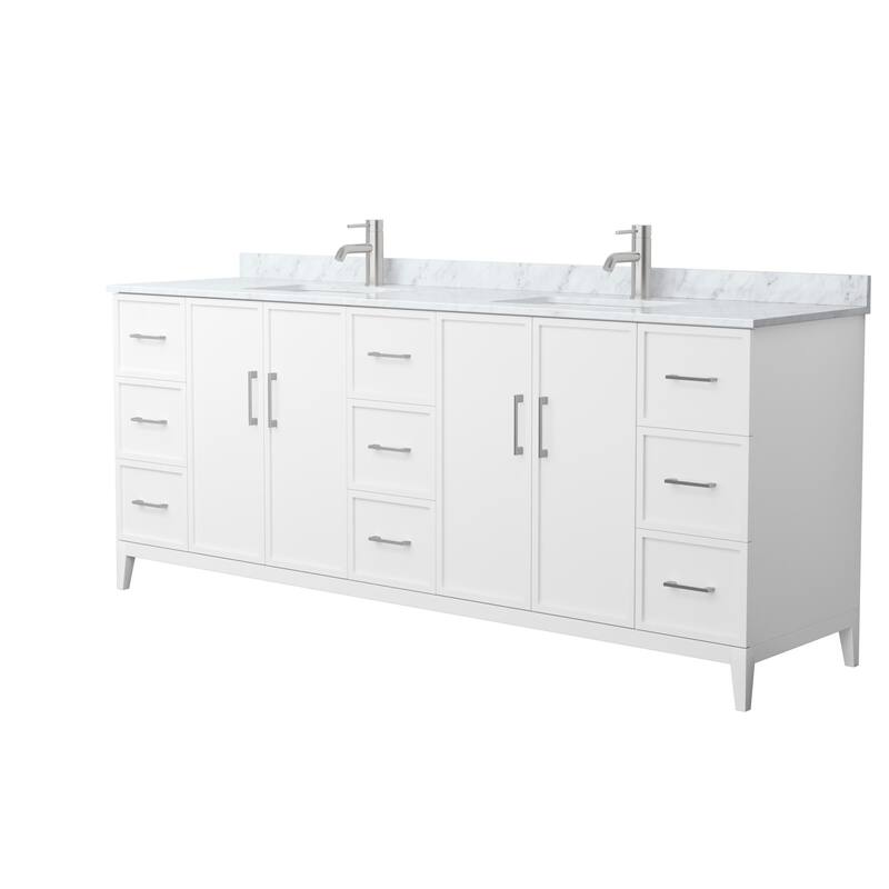 Elan 84-inch Double Vanity, Marble Top - White, Nickel Trim, White Carrara Marble Top
