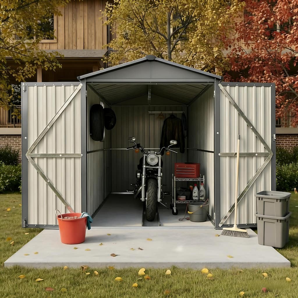 Roomfitters Motorcycle Outdoor Steel Storage Shed Window Wheel Track Fixture Heavy Duty Bike Garage Motorbike House, Grey
