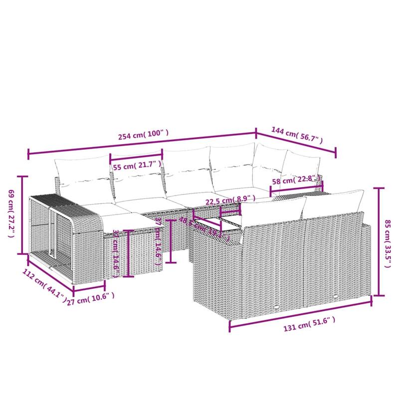 vidaXL Patio Sofa Set with Cushions Sectional Sofa Conversation Set Poly Rattan - 24.4" x 24.4" x 27.2"