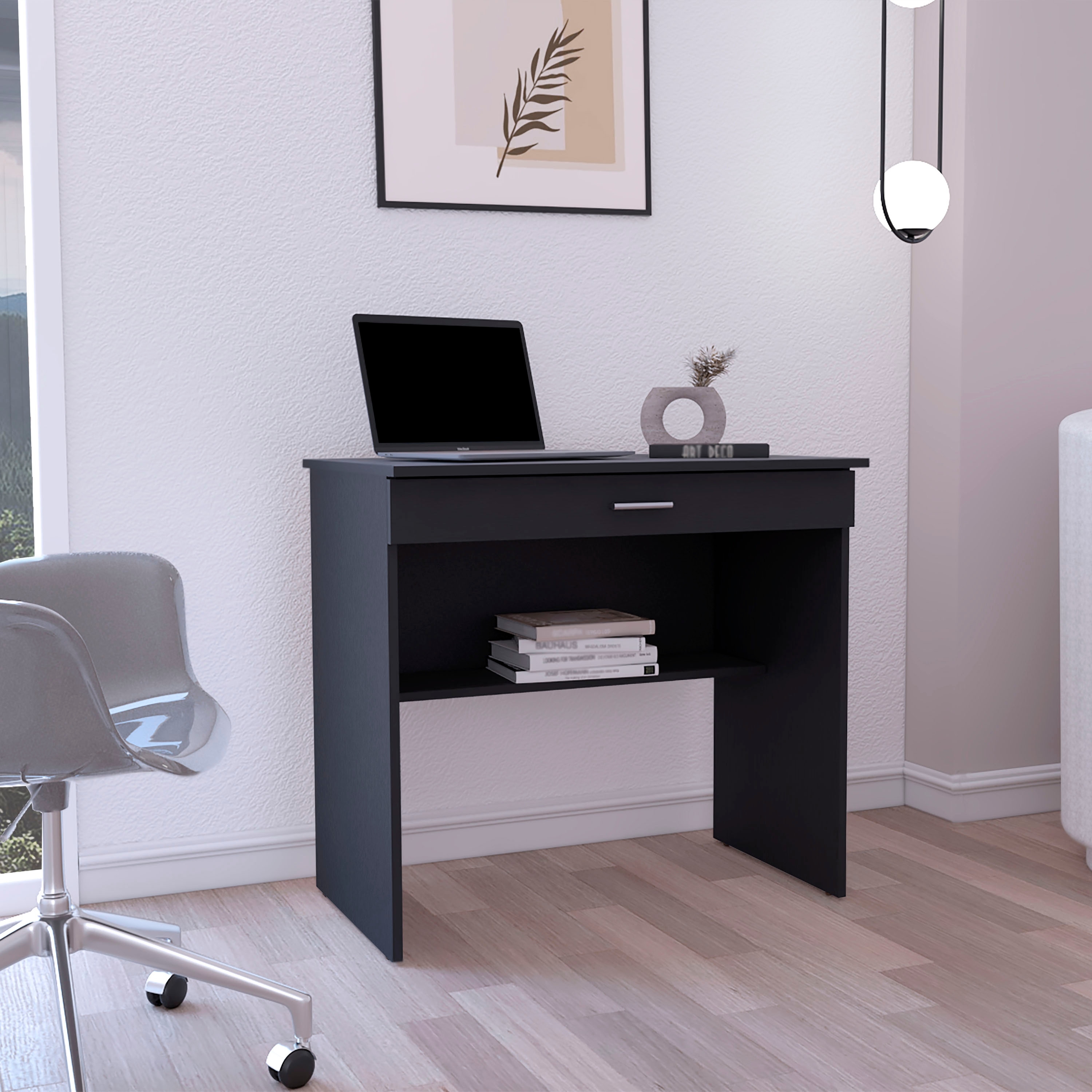 Sleek Compact Workstation with Large Work Surface, Discreet Storage Drawer, and Functional Lower Shelf for Organized Spaces