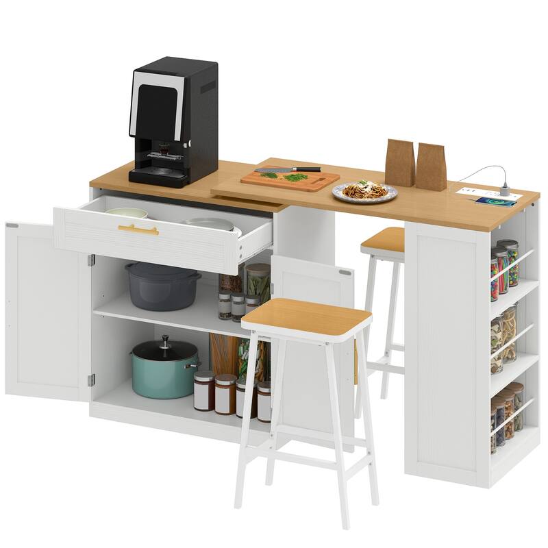 Moasis Kitchen Island with Seating & Extendable Dining Table,Mobile Storage Islands with 2 Chairs