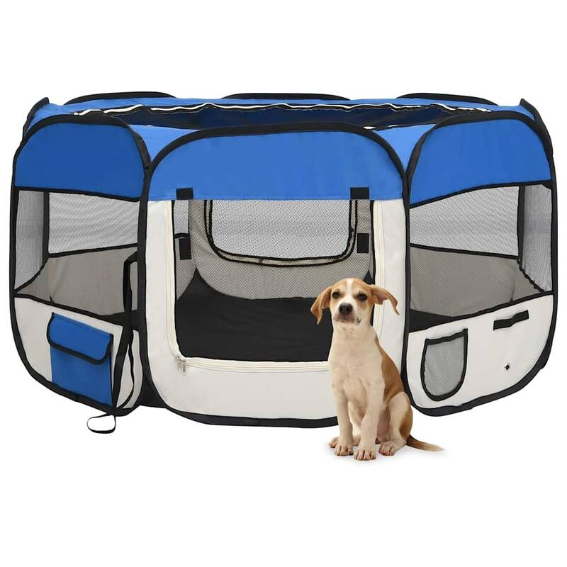 vidaXL Foldable Dog Playpen with Carrying Bag Dog Kennel Puppy Run Playpen - 49.2" x 49.2" x 24" - Blue and cream