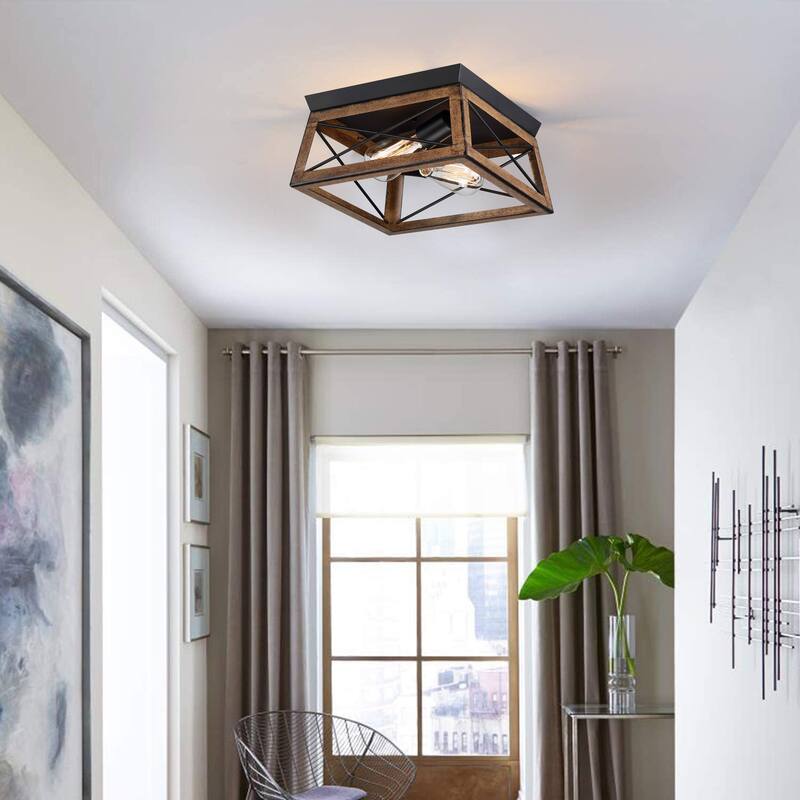 2-Light Black Metal and Wood Flush Mount