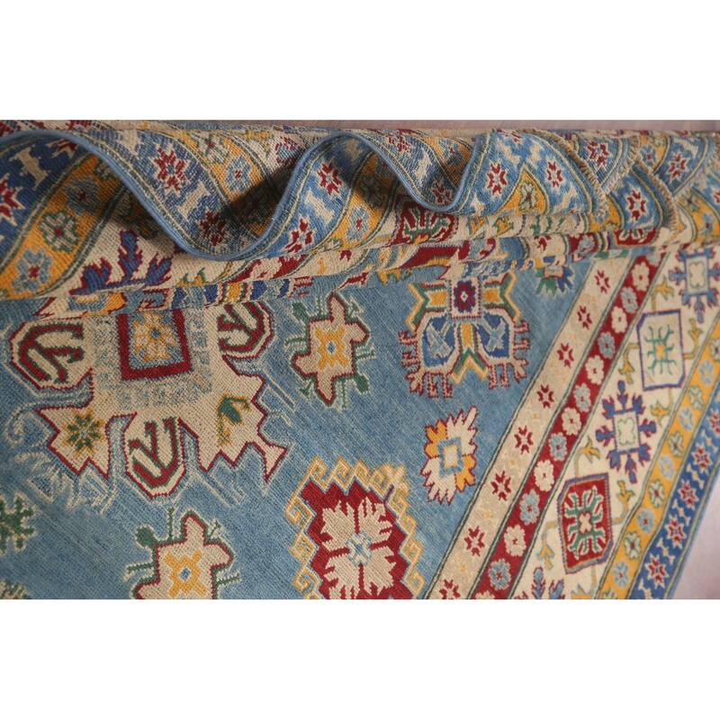 Hand Knotted Oriental 100% Wool Carpet Traditional Geometric Navy Blue & Blues Kazak Area Rug - 9' 6'' X 6' 6''