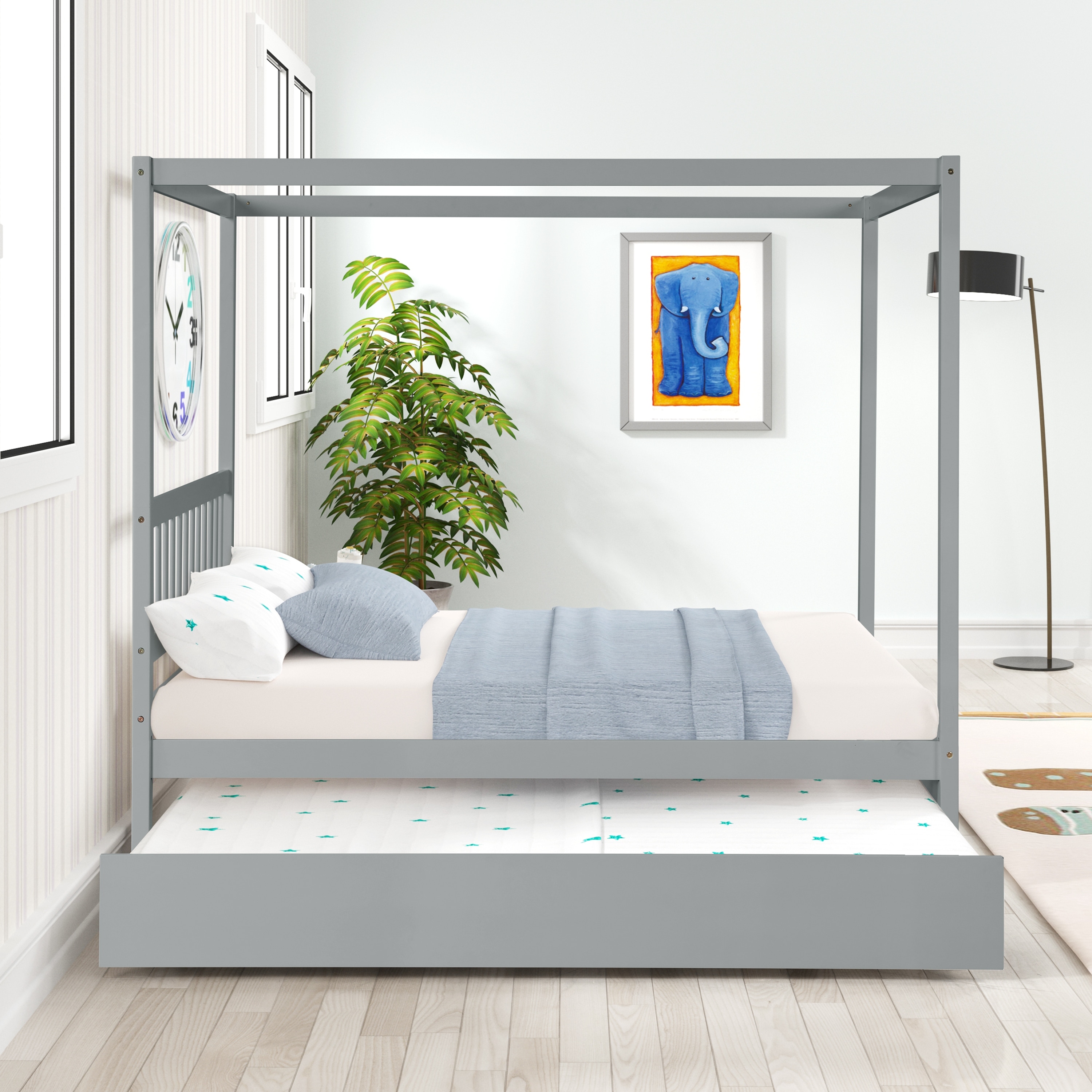 Full Size Canopy Bed Frame with Twin Trundle for Kids Teens