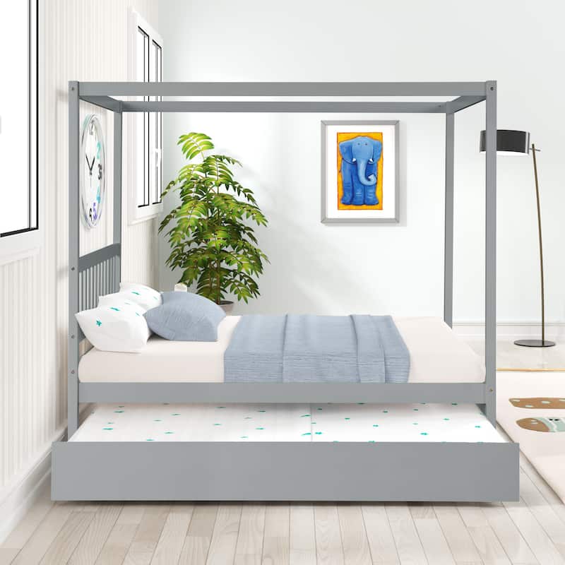 Full Size Canopy Bed with Twin Trundle, Kids Solid Wood Platform Bed Frame w/ Headboard, Grey