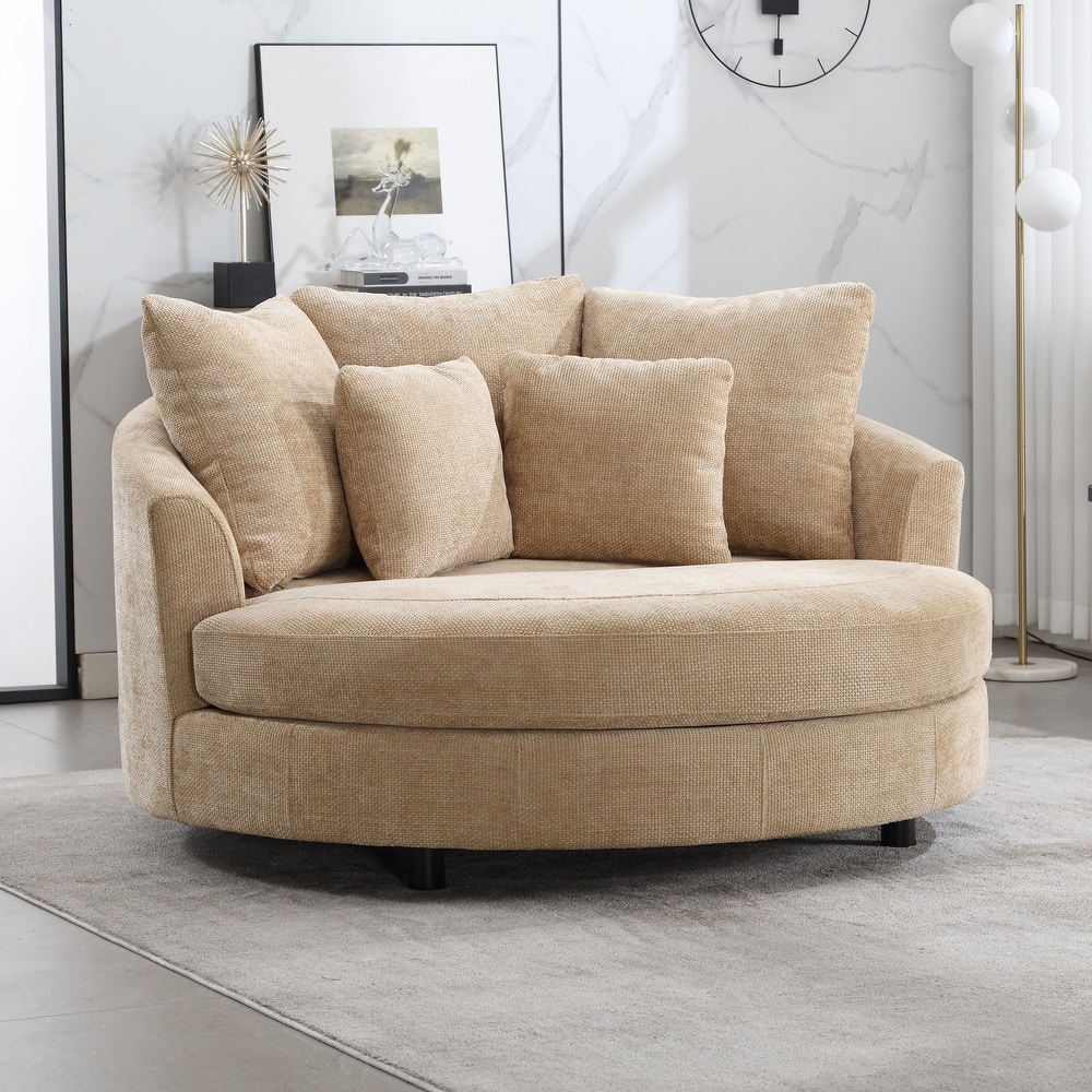 Modern Sofa Chair Round Accent Barrel Chair With 5 Pillows and Storage Ottoman
