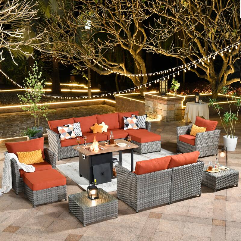 HOOOWOOO 13-piece Grey Wicker Rattan Patio Outdoor Sectional Set with Fire Pit - Red/Orange