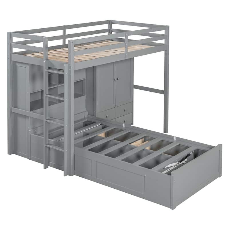 Twin Bunk Bed Hydraulic Bed with Drawers, Wardrobe, Storage Shelves by Harper&Bright Designs