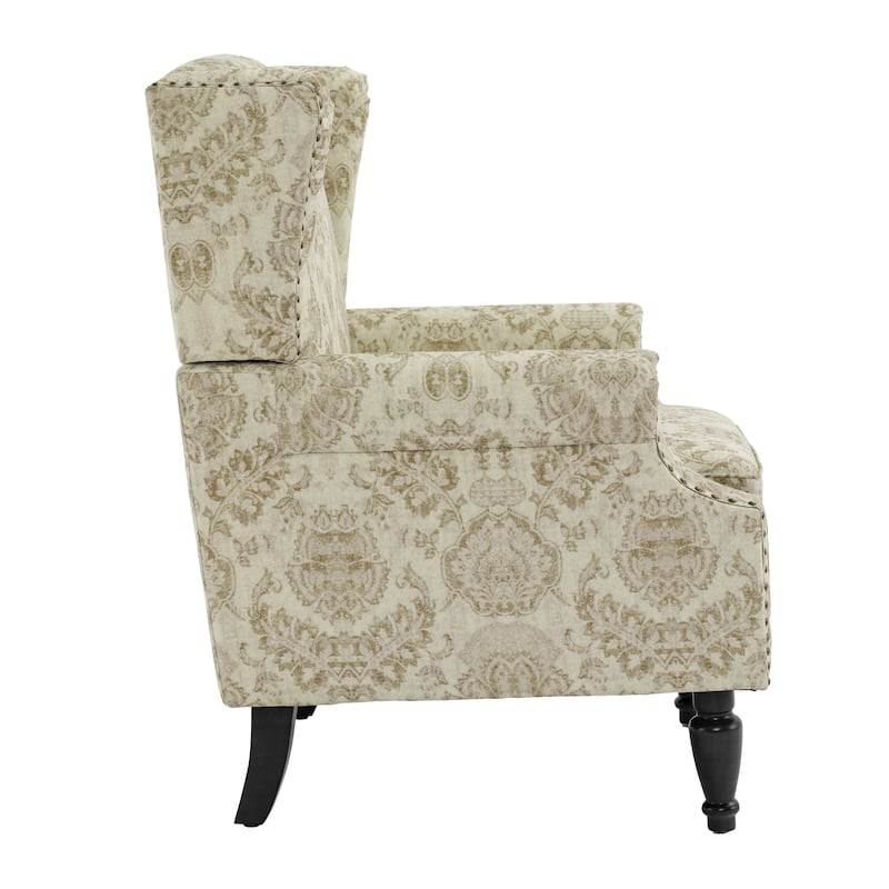 Traditional Floral Patterned Wingback Armchair with Nailhead Trim