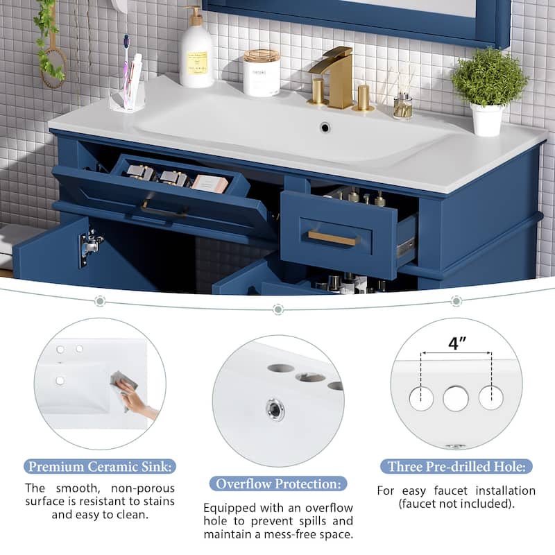 36 Inch Modern Bathroom Vanity with Ceramic Sink, Freestanding Cabinet with Soft Close Doors and 4 Drawers