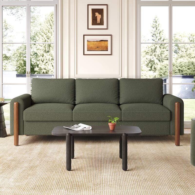 3-Seater Sofa, Curved Armrest with Integrated Solid Wood Legs - Green