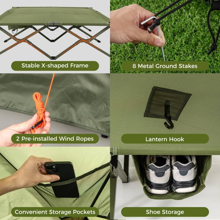 Green Oxford Cloth Metal 2-Person Camping Tent Cot Combo with Rainfly and Wheeled Bag - 80" x 51" x 64"