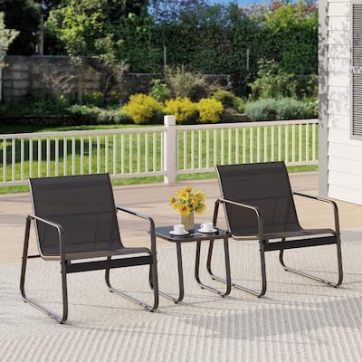 Outdoor 3 Piece Swinging Patio Bistro Table and Chair Set, Garden Furniture Set with Metal Frame Glass Table