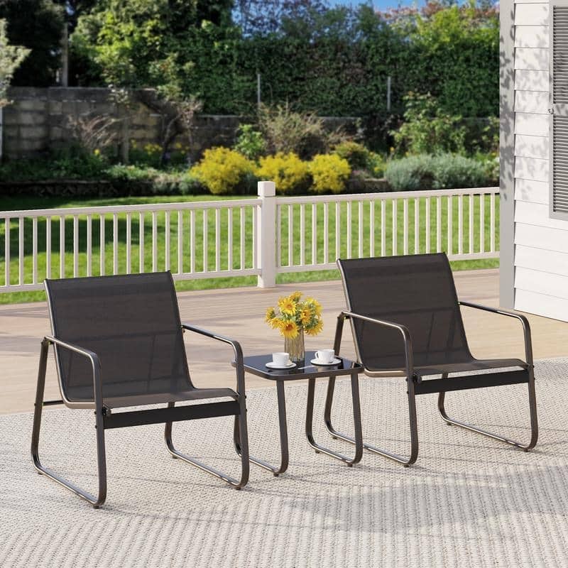 Outdoor 3 Piece Swinging Patio Bistro Table and Chair Set, Garden Furniture Set with Metal Frame Glass Table