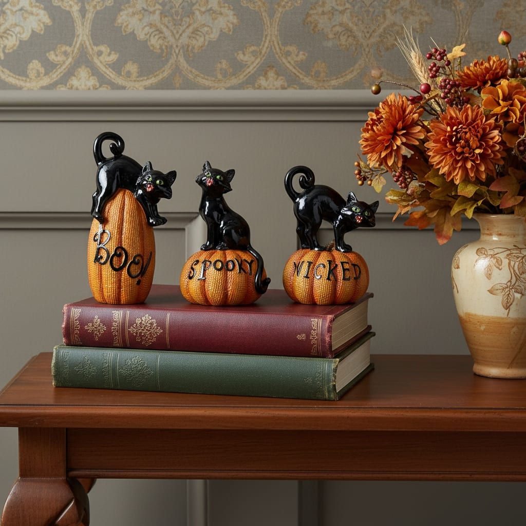 HomeRoots Set of Three Black And Orange Polyresin Halloween Black Cat Figurines - 3.40 in. x 5.40 in. x 3.40 in.