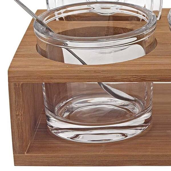 6 Mouth Blown Crystal Jam Set With 3 Glass Jars And Spoons On A Wood Stand 6 Mouth Blown Crystal Jam Set With 3 Glass Jars And Spoons On A Wood Stand