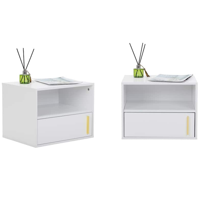 Wall-Mounted Wood Nightstand with Swing Door (Set of 2) - White
