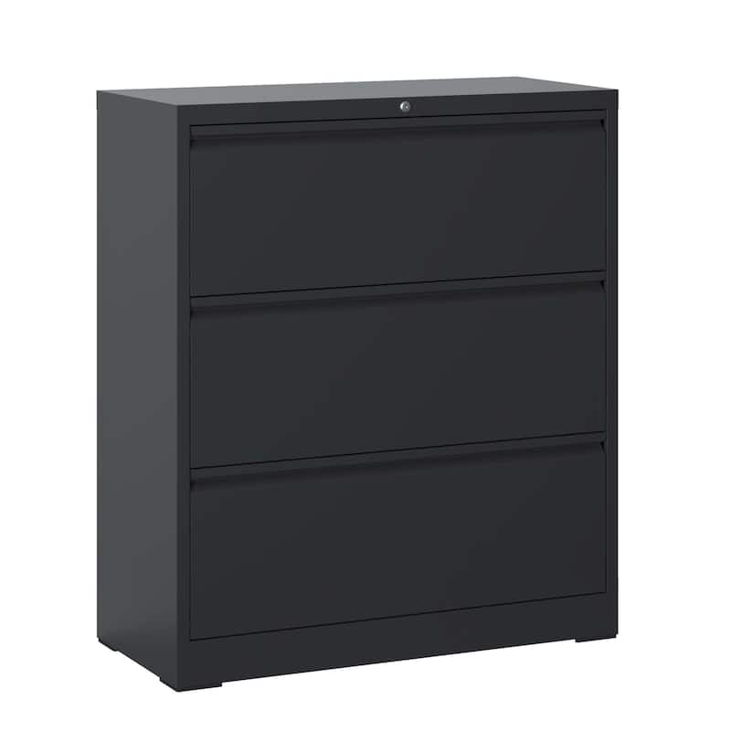 Lateral File Cabinet 3 Drawer, Black Filing Cabinet with Lock, Lockable File Cabinet, Locking Metal File Cabinet