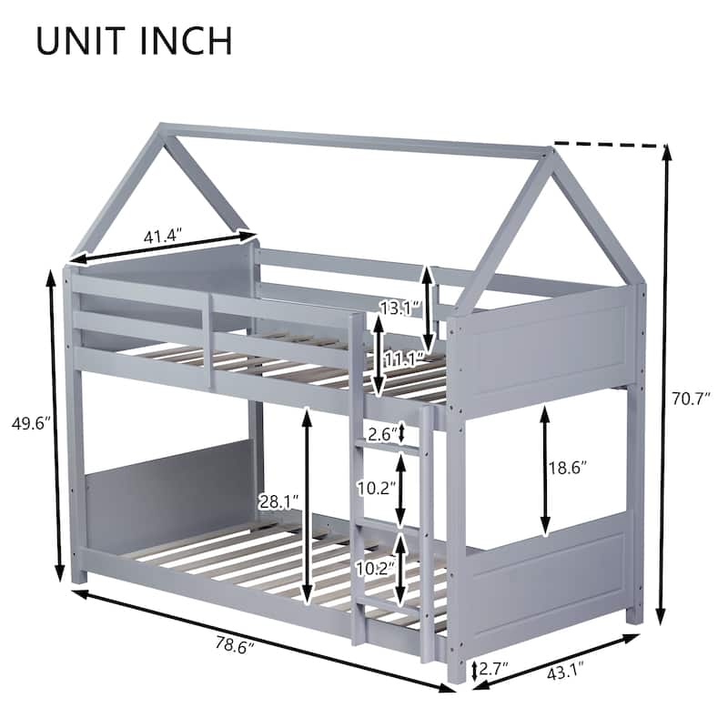Twin over Twin House Bunk Bed with Roof Frame, Guardrails, Ladder and Headboards, Rubber Wood Kids Floor Bed
