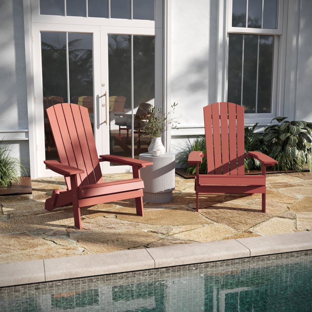 Set of 2 All-Weather Modern Wide Slat Back Poly Resin Adirondack Chairs