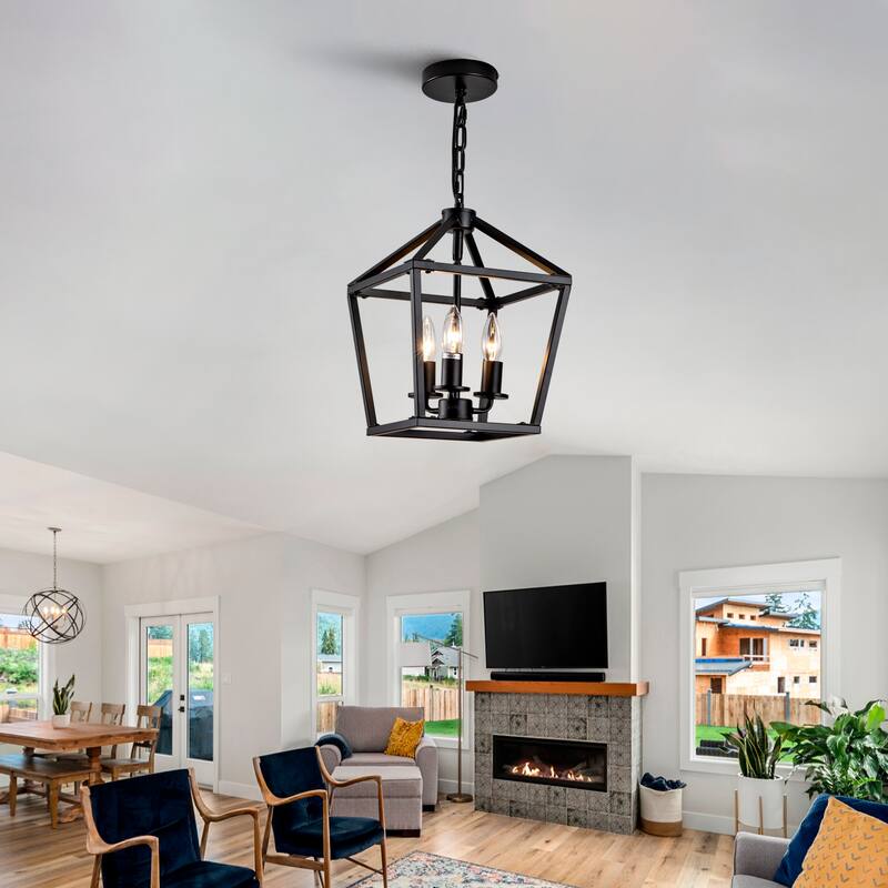 Farmhouse Lantern Chandelier 3-Light with Rustic Open Cage and Adjustable Hanging Height