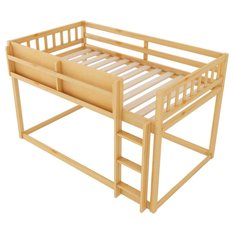 Low Twin Over Twin Bunk Bed, Floor Bunk Bed with Ladder and Storage Shelf, Convertible Design Twin Size Bunk Bed Frame
