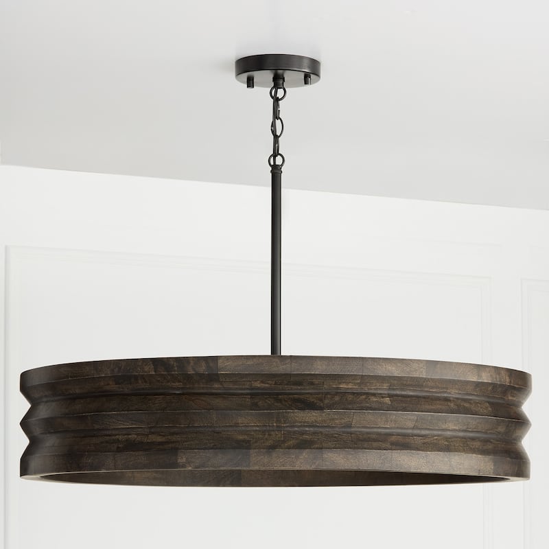 30" W x 18" H 4-Light Chandelier in Matte Black and Handcrafted Mango Wood in Espresso Stain - 30"W x 6"H