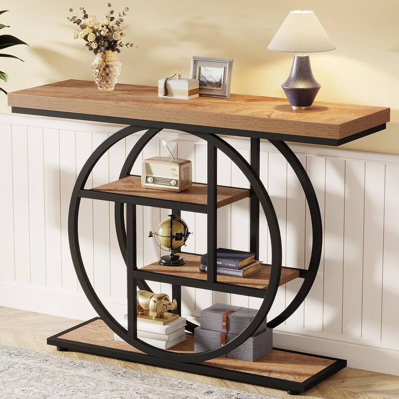 41.3 Inches Industrial 4-Tier Console Table with Circle Base for Living Room, Hallway, Foyer