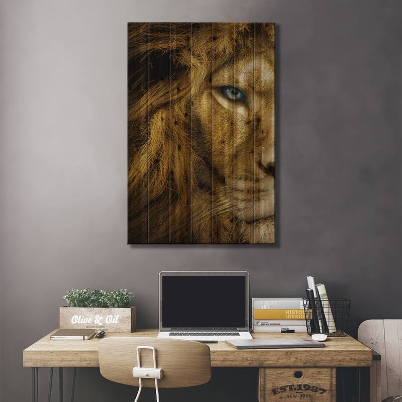 Lion With Blue Eyes Half Face Print On Wood by Adrian Vieriu - Multi-Color