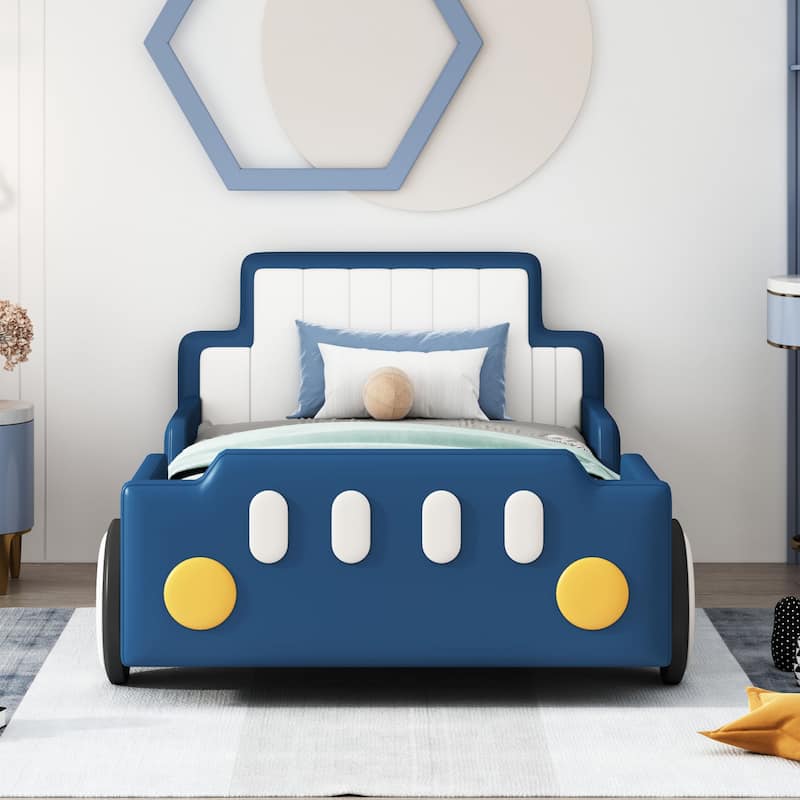 Racing shaped platform bed with wheels - Blue