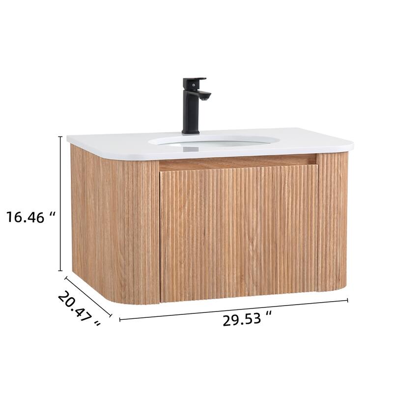 30" Wall Mounted Bathroom Vanity with Sink Curved Design, Soft Close Drawer
