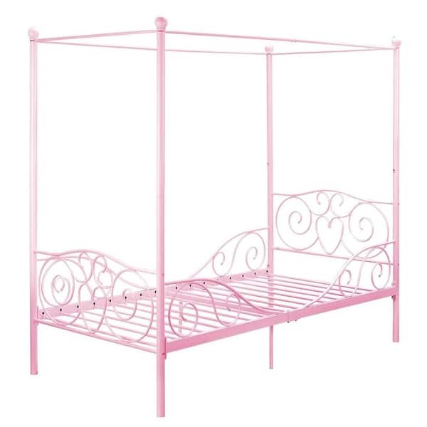 slide 2 of 6, Twin size Sturdy Metal Canopy Bed in Pink
